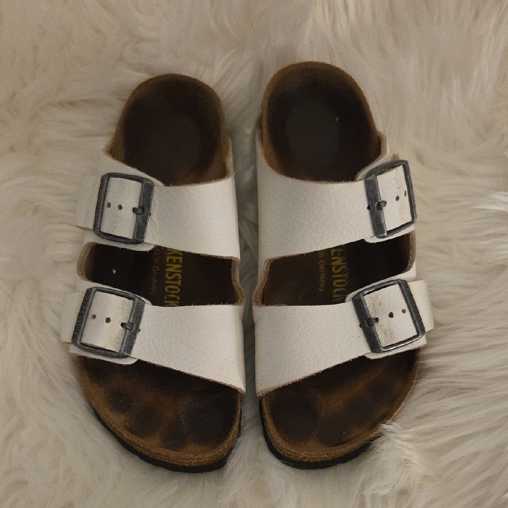Birkenstock White Sandals with Silver Buckles